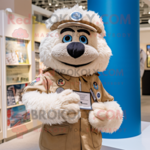 Cream Air Force Soldier mascot costume character dressed with a Cardigan and Cummerbunds