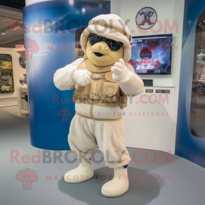 Cream Air Force Soldier mascot costume character dressed with a Cardigan and Cummerbunds