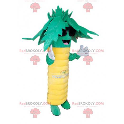 Mascota de palmera verde y amarilla súper feliz. Disfraz de