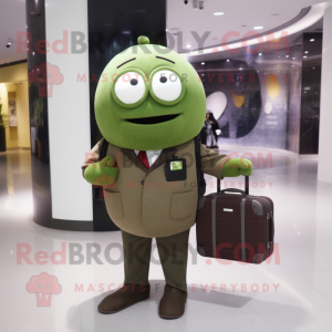 Olive Camera mascot costume character dressed with a Jacket and Briefcases