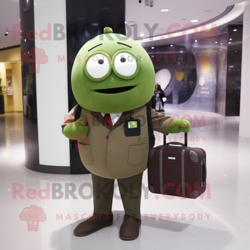 Olive Camera mascot costume character dressed with a Jacket and Briefcases Olive Camera mascot costume character dressed with a Jacket and Briefcases