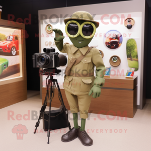 Olive Camera mascot costume character dressed with a Jacket and Briefcases