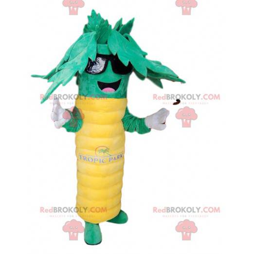 Superglad grønn og gul palmetrær maskot. Palme drakt -