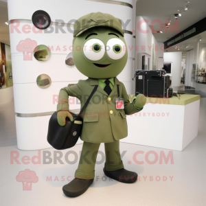 Olive Camera mascot costume character dressed with a Jacket and Briefcases