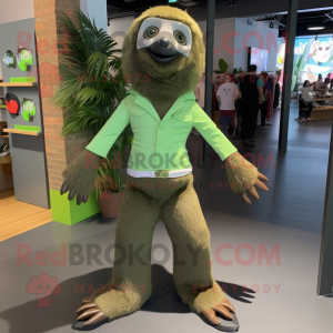 Green Sloth mascot costume character dressed with a Dress Pants and Shoe laces
