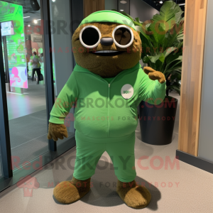 Green Sloth mascot costume character dressed with a Dress Pants and Shoe laces