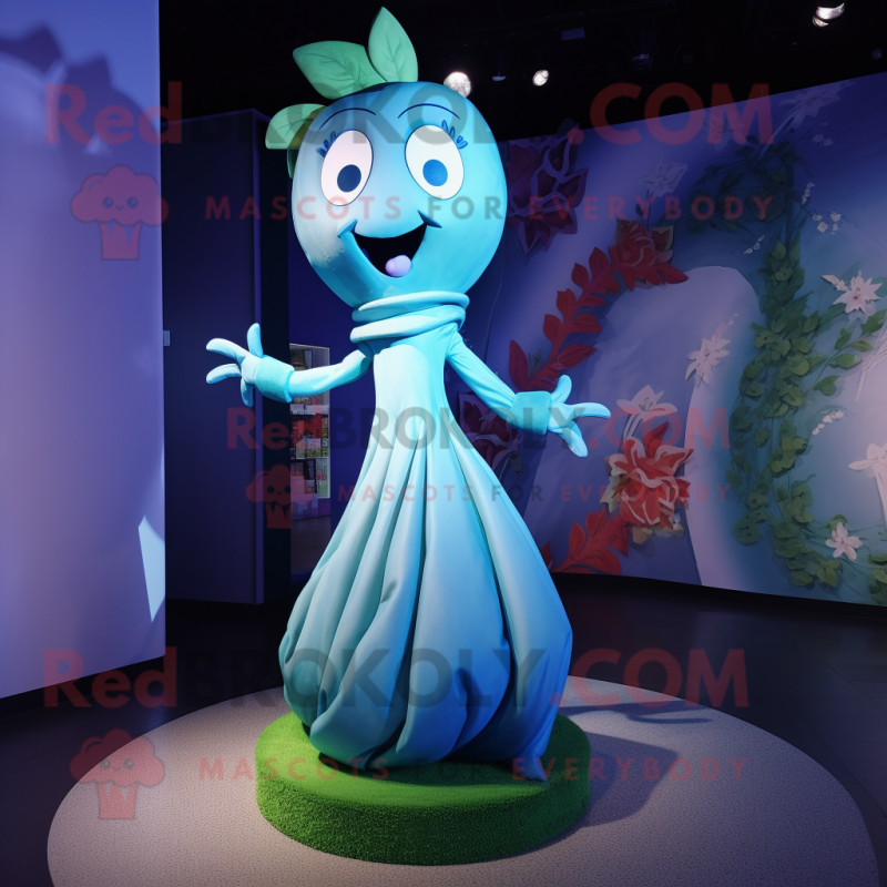 Blue Beanstalk mascot costume character dressed with a Dress and Hairpins Blue Beanstalk mascot costume character dressed with a Dress and Hairpins