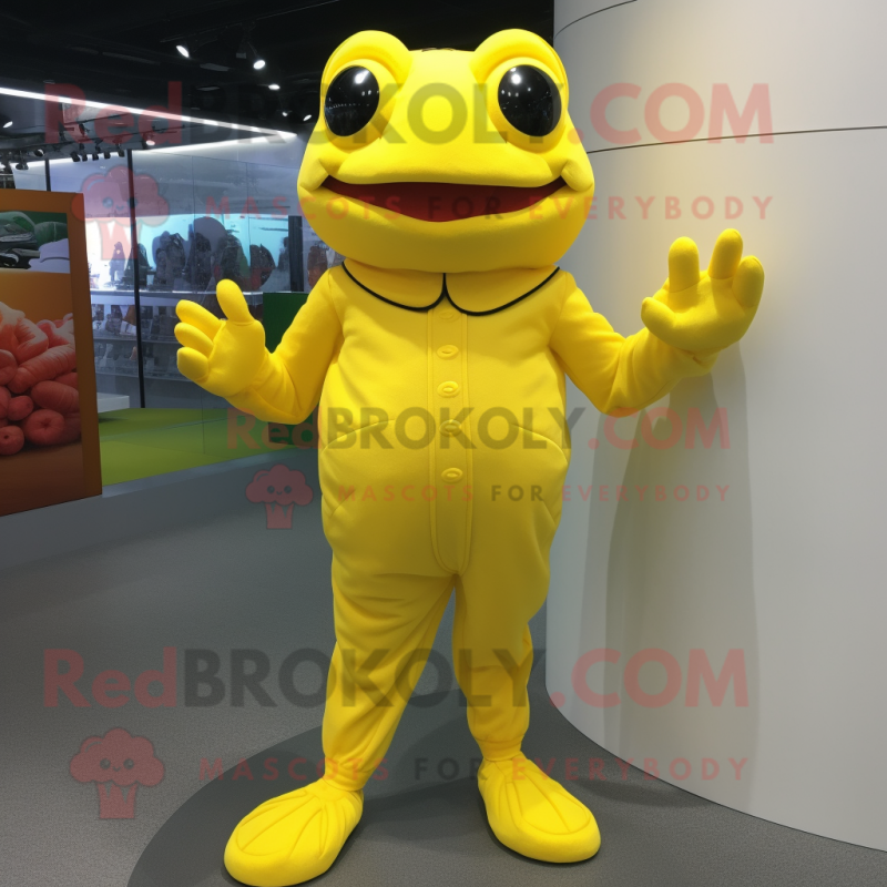 Yellow Frog mascot costume character dressed with a Jumpsuit and Foot pads