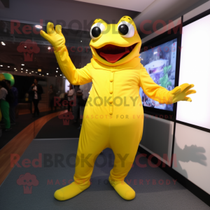 Yellow Frog mascot costume character dressed with a Jumpsuit and Foot pads