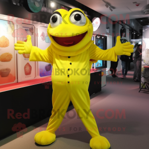 Yellow Frog mascot costume character dressed with a Jumpsuit and Foot pads