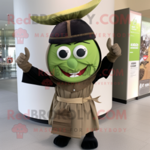 Olive Samurai mascot costume character dressed with a Maxi Dress and Caps