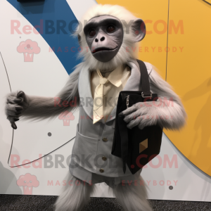 Silver Capuchin Monkey mascot costume character dressed with a Suit Jacket and Messenger bags