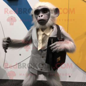 Silver Capuchin Monkey mascot costume character dressed with a Suit Jacket and Messenger bags