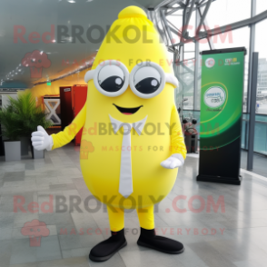 Lemon Yellow Guinness mascot costume character dressed with a Dress Pants and Eyeglasses