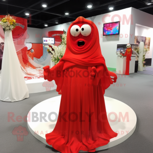 Red Pho mascot costume character dressed with a Wedding Dress and Shawls