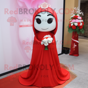 Red Pho mascot costume character dressed with a Wedding Dress and Shawls