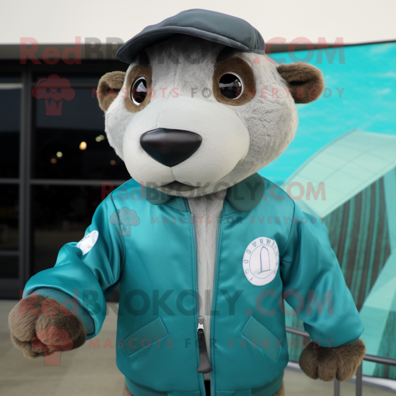Turquoise Otter mascot costume character dressed with a Bomber Jacket and Ties Turquoise Otter mascot costume character dressed with a Bomber Jacket and Ties