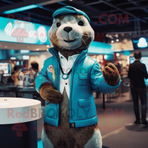 Turquoise Otter mascot costume character dressed with a Bomber Jacket and Ties