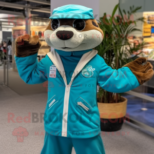 Turquoise Otter mascot costume character dressed with a Bomber Jacket and Ties