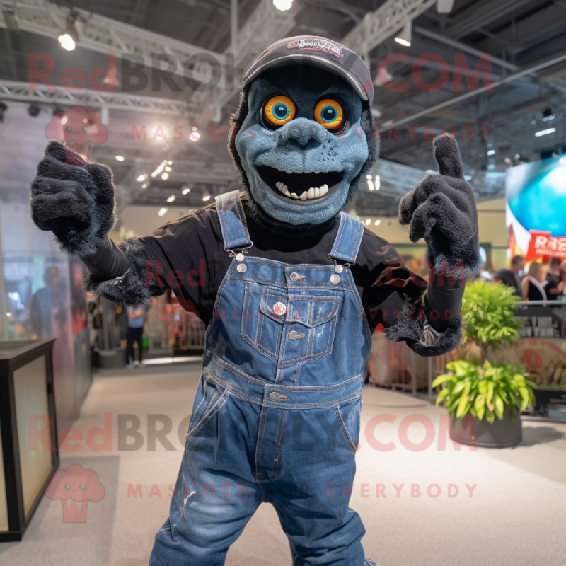 Black Zombie mascot costume character dressed with a Boyfriend Jeans and Gloves