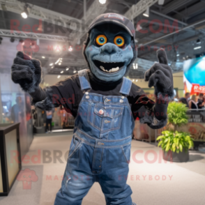 Black Zombie mascot costume character dressed with a Boyfriend Jeans and Gloves