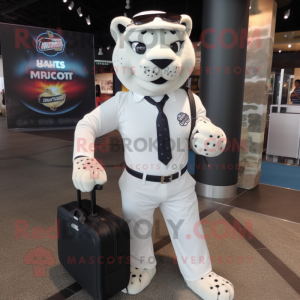White Jaguar mascot costume character dressed with a Dress Shirt and Briefcases
