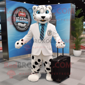White Jaguar mascot costume character dressed with a Dress Shirt and Briefcases