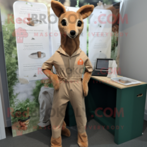 Tan Roe Deer mascot costume character dressed with a Jumpsuit and Pocket squares