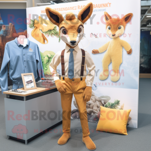 Tan Roe Deer mascot costume character dressed with a Jumpsuit and Pocket squares