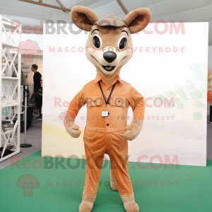 Tan Roe Deer mascot costume character dressed with a Jumpsuit and Pocket squares