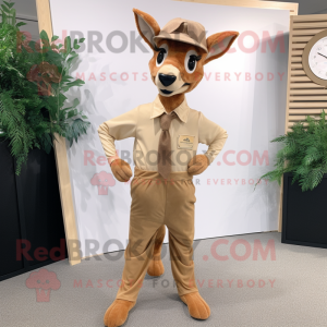 Tan Roe Deer mascot costume character dressed with a Jumpsuit and Pocket squares
