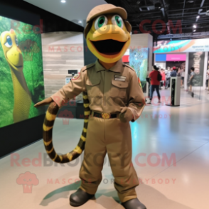 Brown Anaconda mascot costume character dressed with a Cargo Shorts and Shoe laces