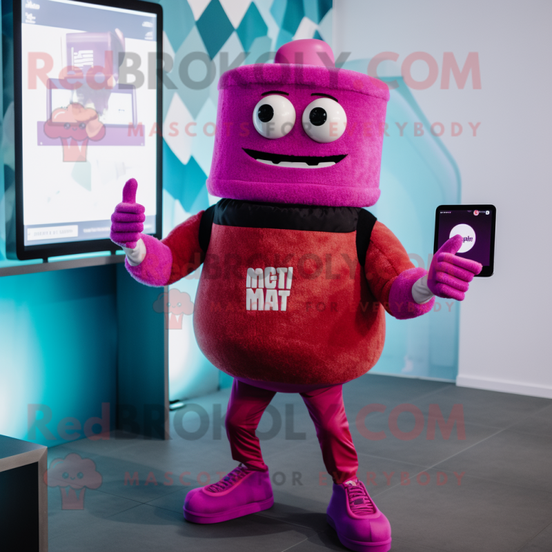 Magenta Burgers mascot costume character dressed with a Vest and Smartwatches