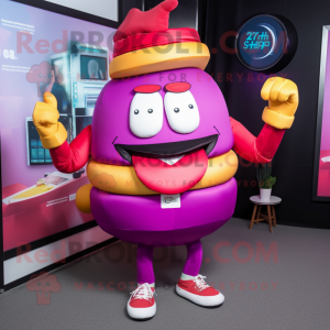 Magenta Burgers mascot costume character dressed with a Vest and Smartwatches