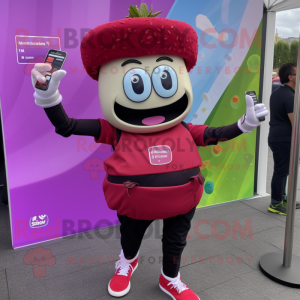 Magenta Burgers mascot costume character dressed with a Vest and Smartwatches