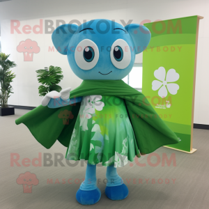 Cyan Four Leaf Clover mascot costume character dressed with a Wrap Skirt and Shawls