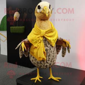 Yellow Guinea Fowl mascot costume character dressed with a Mini Skirt and Shawls