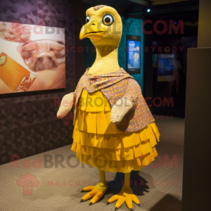 Yellow Guinea Fowl mascot costume character dressed with a Mini Skirt and Shawls