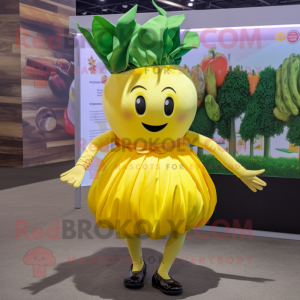 Yellow Beet mascot costume character dressed with a Mini Skirt and Headbands