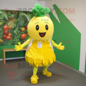 Yellow Beet mascot costume character dressed with a Mini Skirt and Headbands