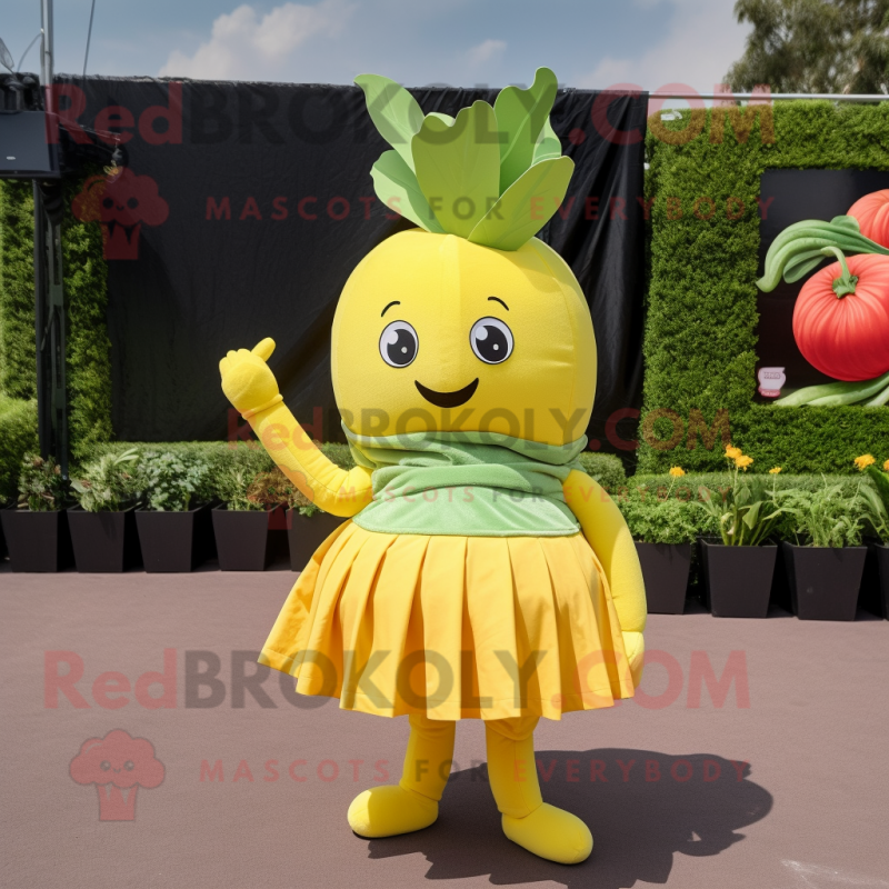 Yellow Beet mascot costume character dressed with a Mini Skirt and Headbands