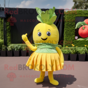 Yellow Beet mascot costume character dressed with a Mini Skirt and Headbands