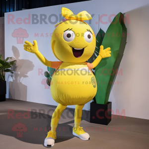 Yellow Beet mascot costume character dressed with a Mini Skirt and Headbands