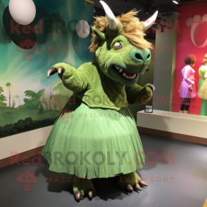 Green Woolly Rhinoceros mascot costume character dressed with a Ball Gown and Caps