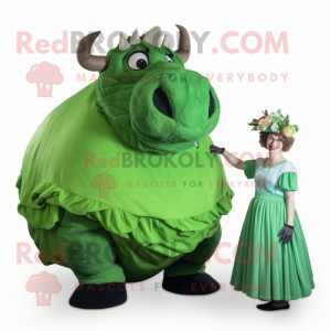 Green Woolly Rhinoceros mascot costume character dressed with a Ball Gown and Caps