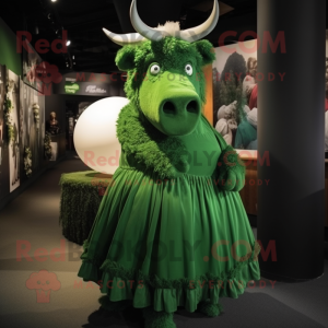 Green Woolly Rhinoceros mascot costume character dressed with a Ball Gown and Caps