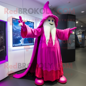 Magenta Wizard mascot costume character dressed with a Evening Gown and Mittens