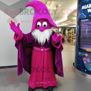 Magenta Wizard mascot costume character dressed with a Evening Gown and Mittens