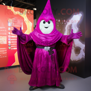 Magenta Wizard mascot costume character dressed with a Evening Gown and Mittens