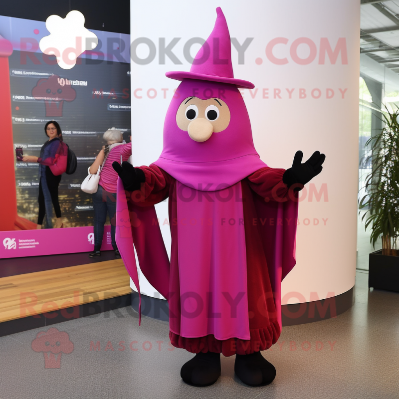 Magenta Wizard mascot costume character dressed with a Evening Gown and Mittens